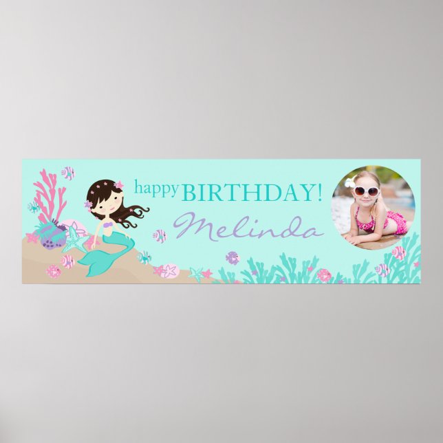 Affiche Brunette Mermaid Bannière d'anniversaire (Devant)