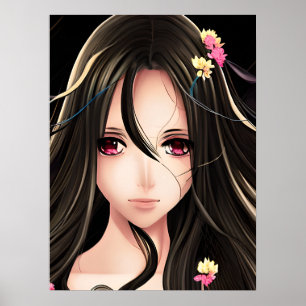 Affiche Brunette Rose Eyed Anime Girl Cartoon
