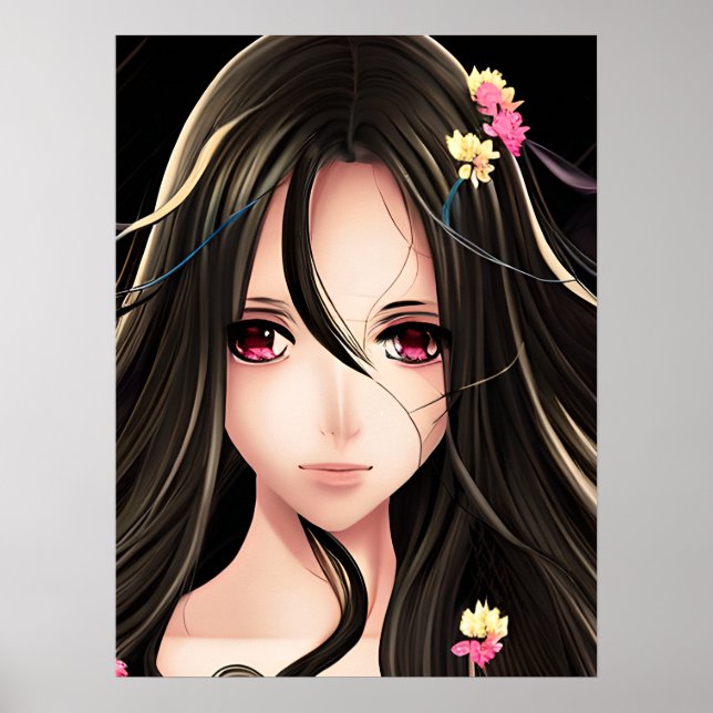 Affiche Brunette Rose Eyed Anime Girl Cartoon (Devant)