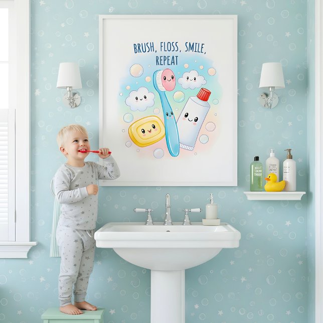 Affiche Brush, Floss, Flush, Wash Kids Bathroom Wall Art (Créateur téléchargé)
