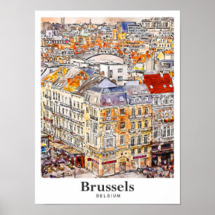 Affiche Bruxelles Belgique Aquarelle Voyage Main tirée