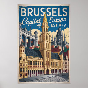 Affiche Bruxelles Belgique Rétro Ciel Ville Voyage