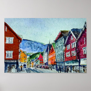 Affiche bryggen bergen nordique aquarelle