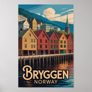 Affiche Bryggen Norvège Illustration Voyage Art Bergen
