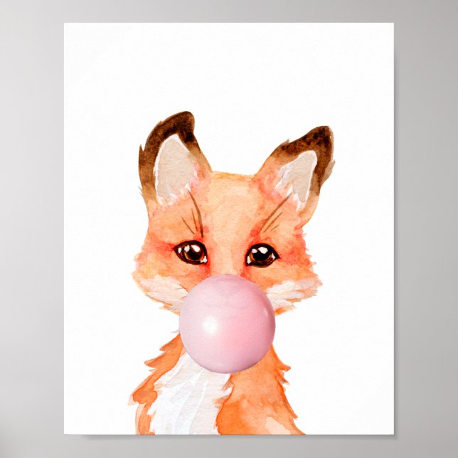 Affiche Bubble Gum Baby Fox Cub Nursery Enfant Rose (Devant)