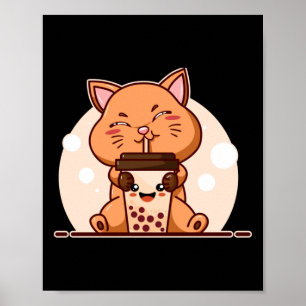 Affiche Bubble Kawaii Cat Drinking Boba Tea