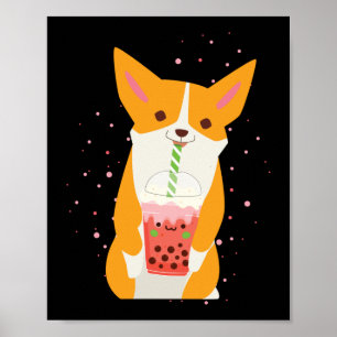 Affiche Bubble Kawaii Corgi Boire Boba Tea Dog