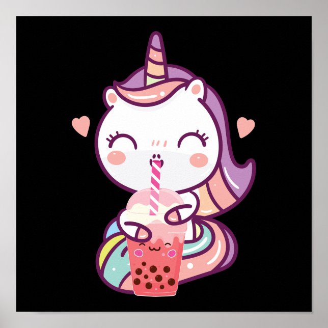 Affiche Bubble Kawaii Unicorn Boire Boba Tea (Devant)