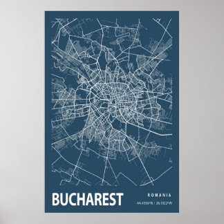 Affiche Bucharest Romania City Map Line Art Blue Print