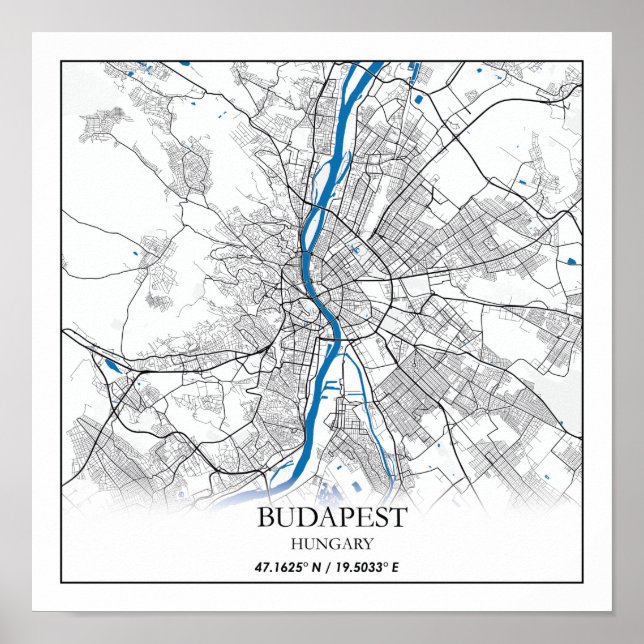 Affiche Budapest Hongrie City Plan Voyage Simple Minimal (Devant)