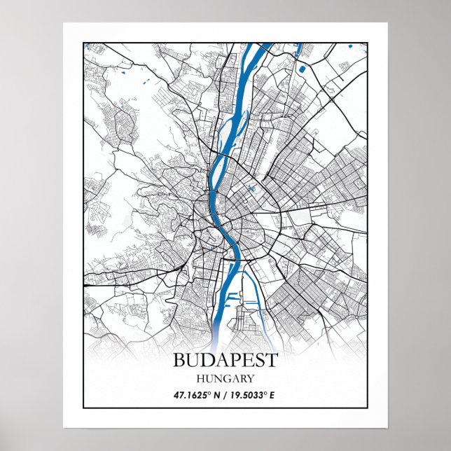 Affiche Budapest Hongrie City Plan Voyage Simple Minimal (Devant)