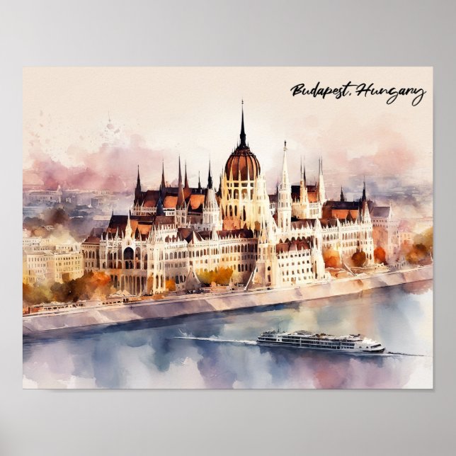 Affiche Budapest Hungary Watercolor Painting Panorama View (Devant)