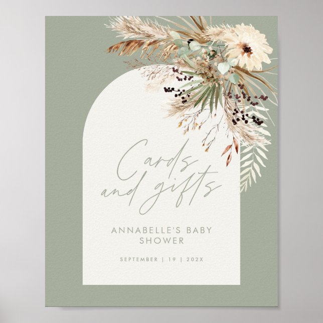 Affiche Budget baby shower cartes pampas cadeaux sage vert (Devant)