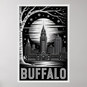 Affiche Buffalo New York Skyline Noir et Blanc Gravure sur