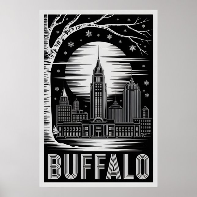 Affiche Buffalo New York Skyline Noir et Blanc Gravure sur (Devant)