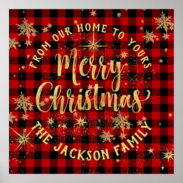 Affiche Buffalo Plaid Gold Script famille Joyeux Noël (Devant)