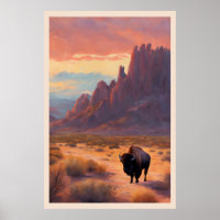 Buffle Lone du désert paysage coloré Sunrise Art