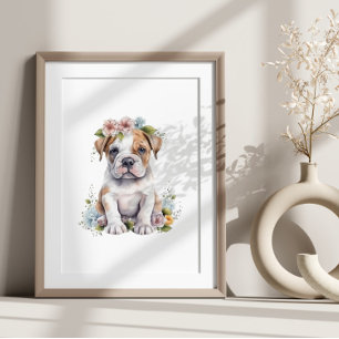 Affiche Buldog Chiot Pet Aquarelle Fleur