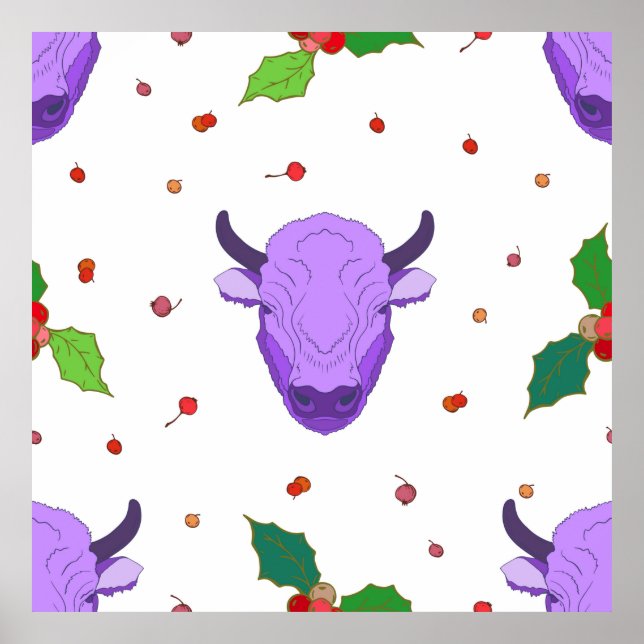 Affiche Bull, houx, mistletoe et baies. Le symbole o (Devant)