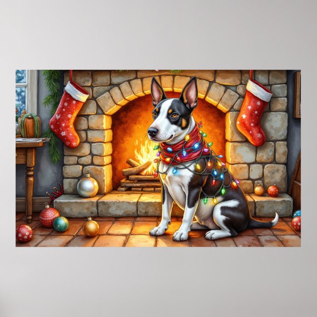 Affiche Bull Terrier Cheminée avec Lumières de Noël (Devant)