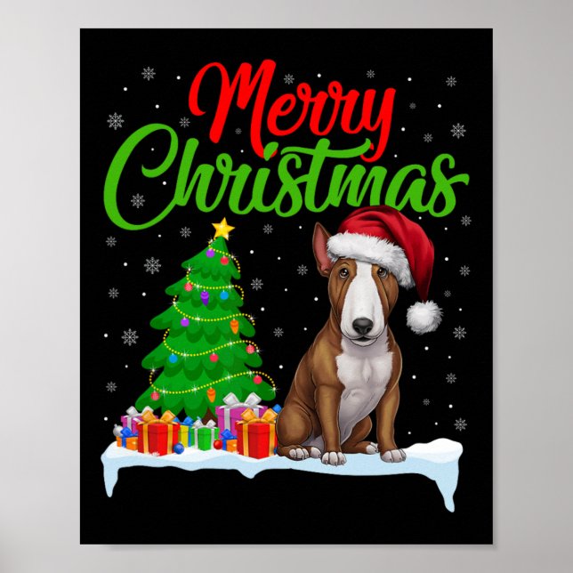 Affiche Bull Terrier Chien Feux d'arbre de Noël Lumières D (Devant)