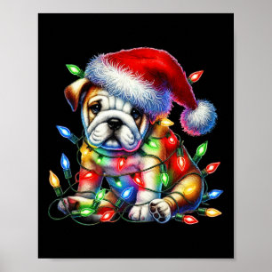 Affiche Bulldog Christmas Lights Santa Hat Amoureux des ch