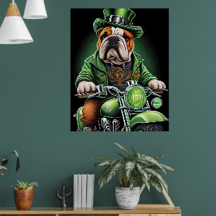 Affiche Bulldog Conduisant un Vélo la Saint-Patrick
