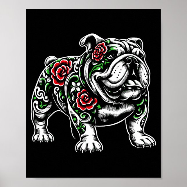 Affiche Bulldog Floral Red Rose Mens Womens  (Devant)