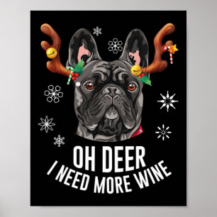 Affiche Bulldog français noir Noël Cerfs Wine L