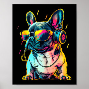 Affiche Bulldog français Rétrowave avec casque et Sungl