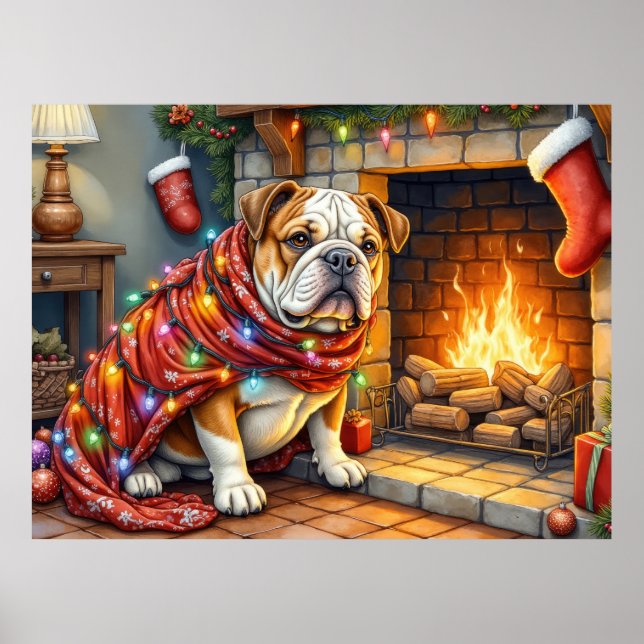 Affiche Bulldog Sitting by Fireplace with Christmas Lights (Devant)