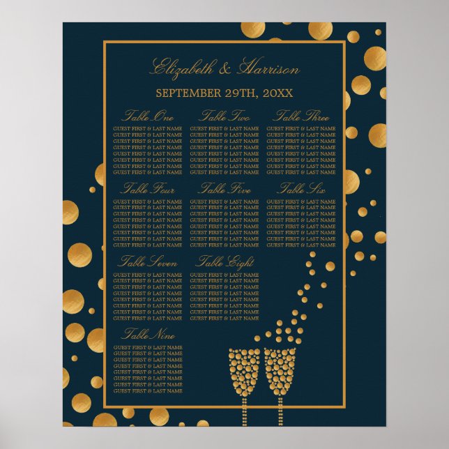 Affiche Bulles de Champagne d'or, Carte de siège bleu et o (Devant)