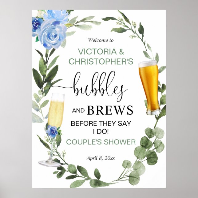 Affiche Bulles et Brews couples baby shower signe de bienv (Devant)