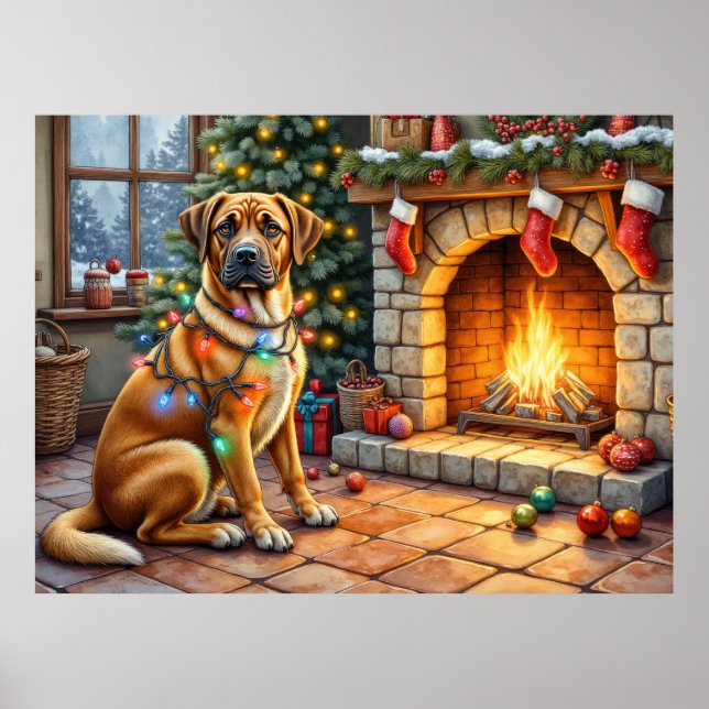 Affiche Bullmastiff Cheminée avec Lumières de Noël (Devant)