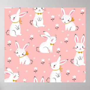 Affiche Bunnies blancs : Cute Floral sans joint