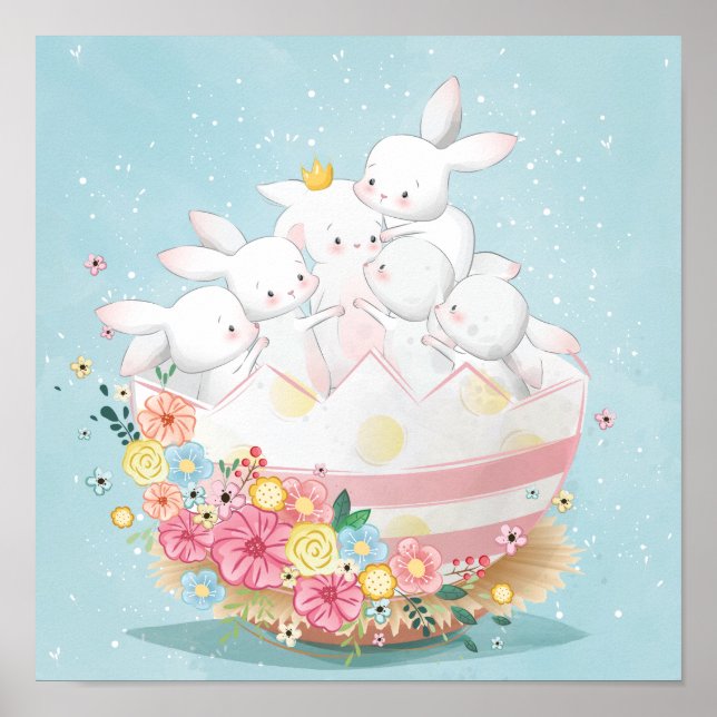 Affiche Bunnies d'aquarelle en Oeuf de Pâques Fleur (Devant)