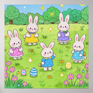 Affiche Bunnies de Pâques cachant des oeufs dans un jardin