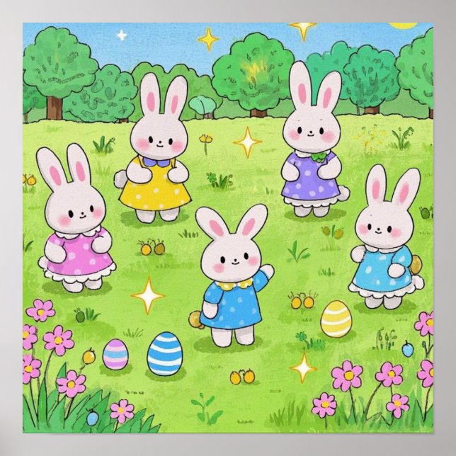 Affiche Bunnies de Pâques cachant des oeufs dans un jardin (Devant)