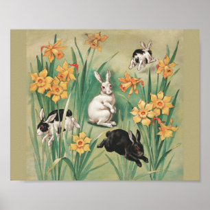 Affiche Bunnies mignons aux fleurs de jonquille Antique Pâ