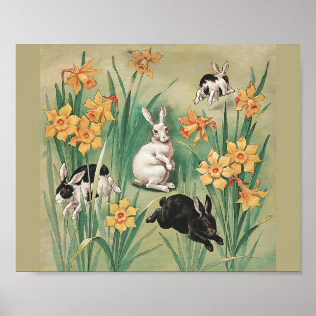 Affiche Bunnies mignons aux fleurs de jonquille Antique Pâ (Devant)