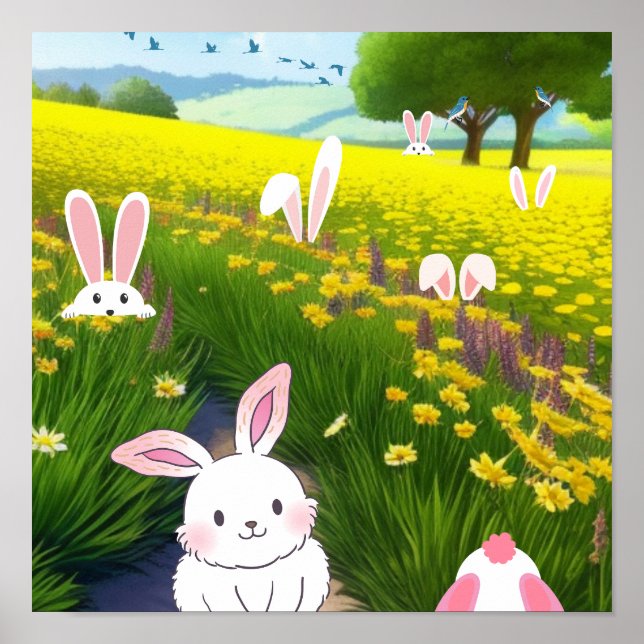 Affiche Bunnies mignons dans un champ (Devant)