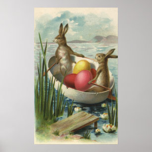 Affiche Bunnies vintages de Pâques en bateau avec oeufs de