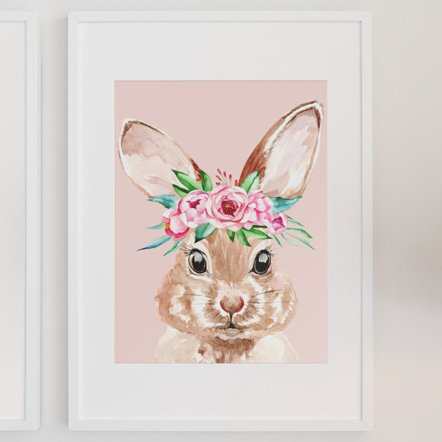 Affiche Bunny D'Aquarelle Rose Pastel Moderne Avec Fleurs (Créateur téléchargé)