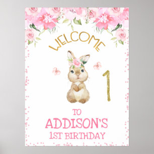 Affiche Bunny Fleur rose Premier anniversaire Bienvenue