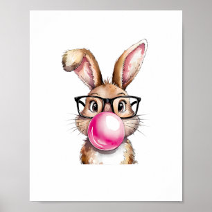 Affiche Bunny Lapin soufflant la bulle gomme Jour de Pâque