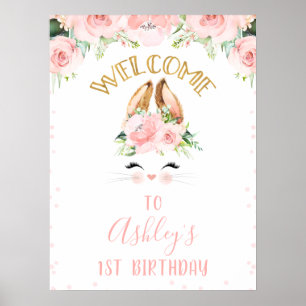 Affiche Bunny rose Floral Visage Bienvenue Signal de fête