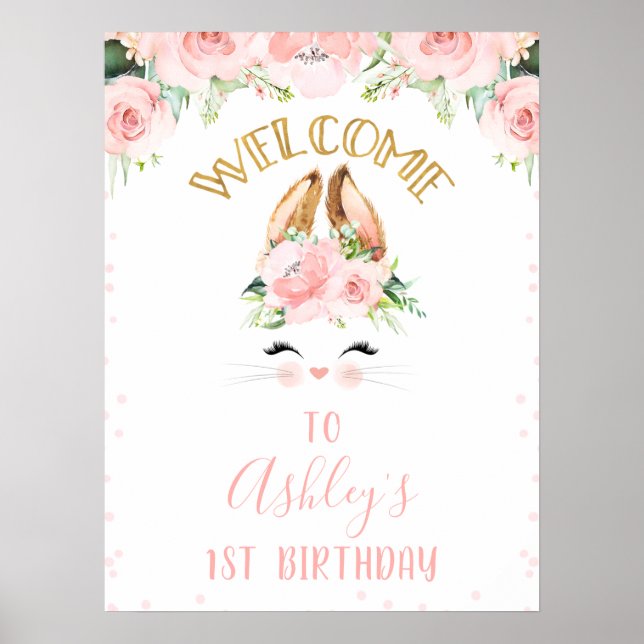Affiche Bunny rose Floral Visage Bienvenue Signal de fête  (Devant)