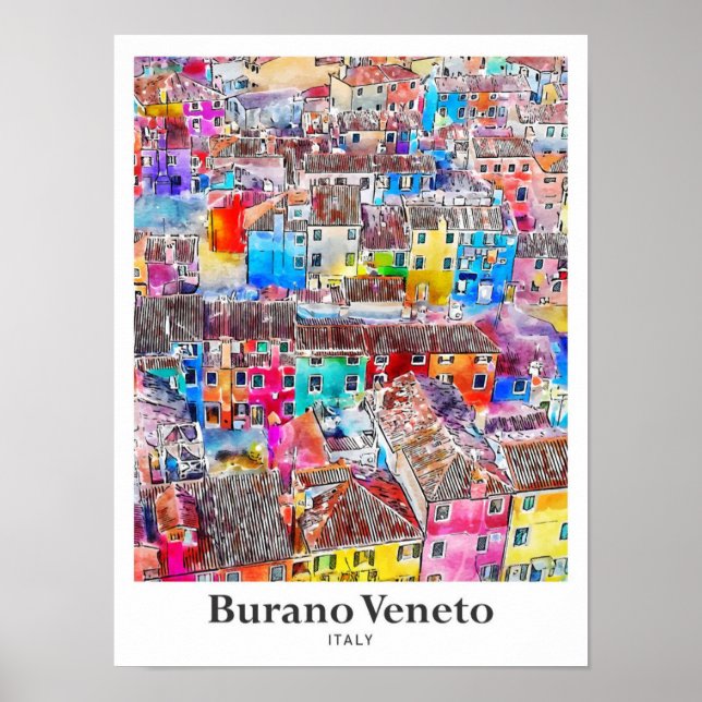 Affiche Burano Veneto Italie Voyage Aquarelle main tirée (Devant)
