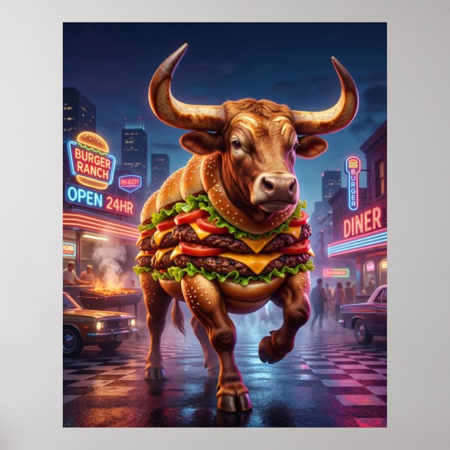 Affiche Burger Bull Ranch Néon (Devant)