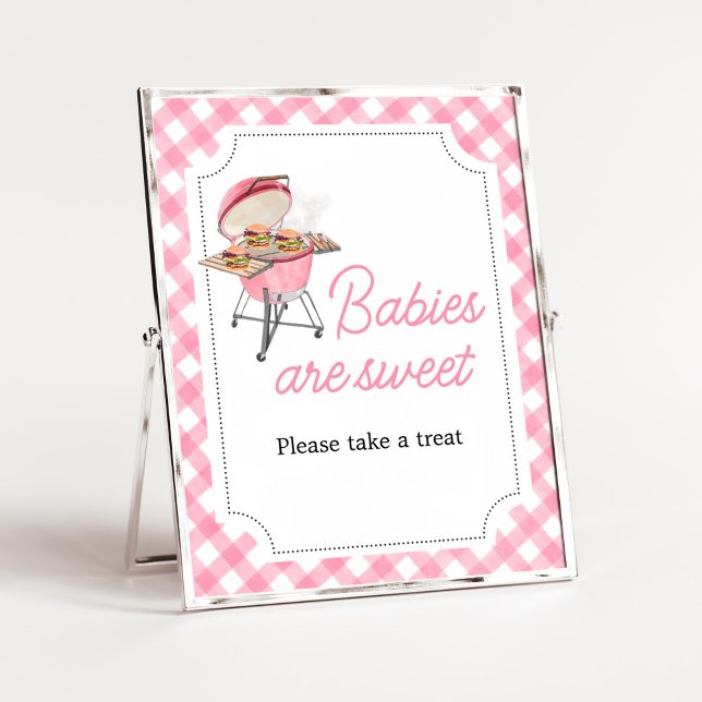 Affiche Burger rose BBQ Baby shower Les bébés sont sucrés (Girl Backyard BBQ Baby Shower Babies are Sweet Sign)